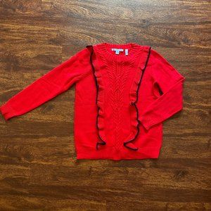 Draper James Ruffled red cable holiday sweater with black trim
